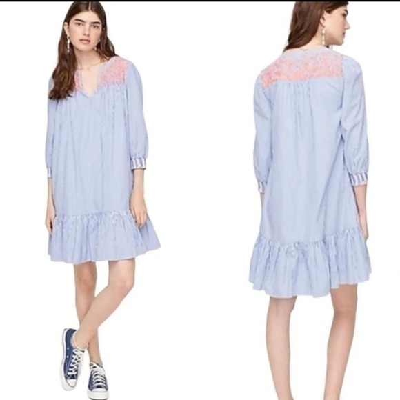J. Crew | Stripe Embroidered Popover Dress with Ruffle Hem Size XXS Style AM118 - Picture 1 of 6